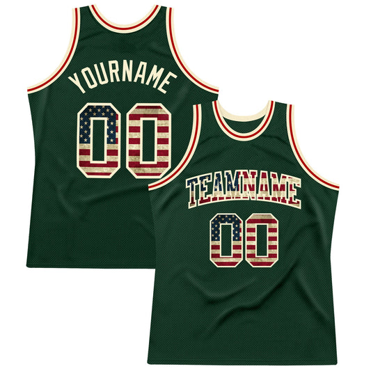 Custom Hunter Green Vintage USA Flag-Cream Authentic Throwback Basketball Jersey - Main View
