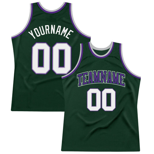 Custom Hunter Green White Gray-Purple Authentic Throwback Basketball Jersey - Main View