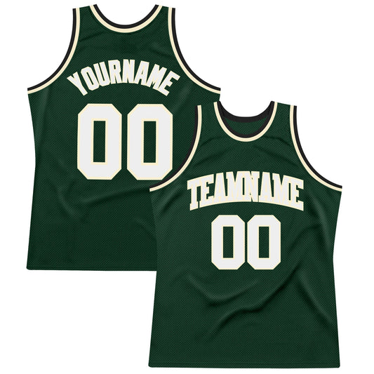 Custom Hunter Green White Cream-Black Authentic Throwback Basketball Jersey - Main View