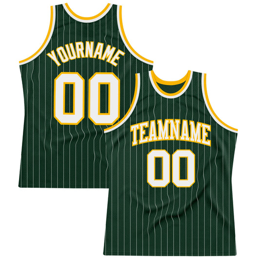 Custom Hunter Green White Pinstripe White-Gold Authentic Basketball Jersey - Main View