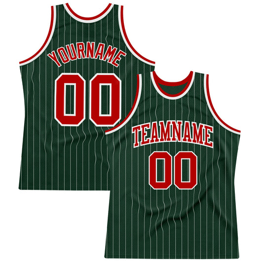 Custom Hunter Green White Pinstripe Red Authentic Basketball Jersey - Main View