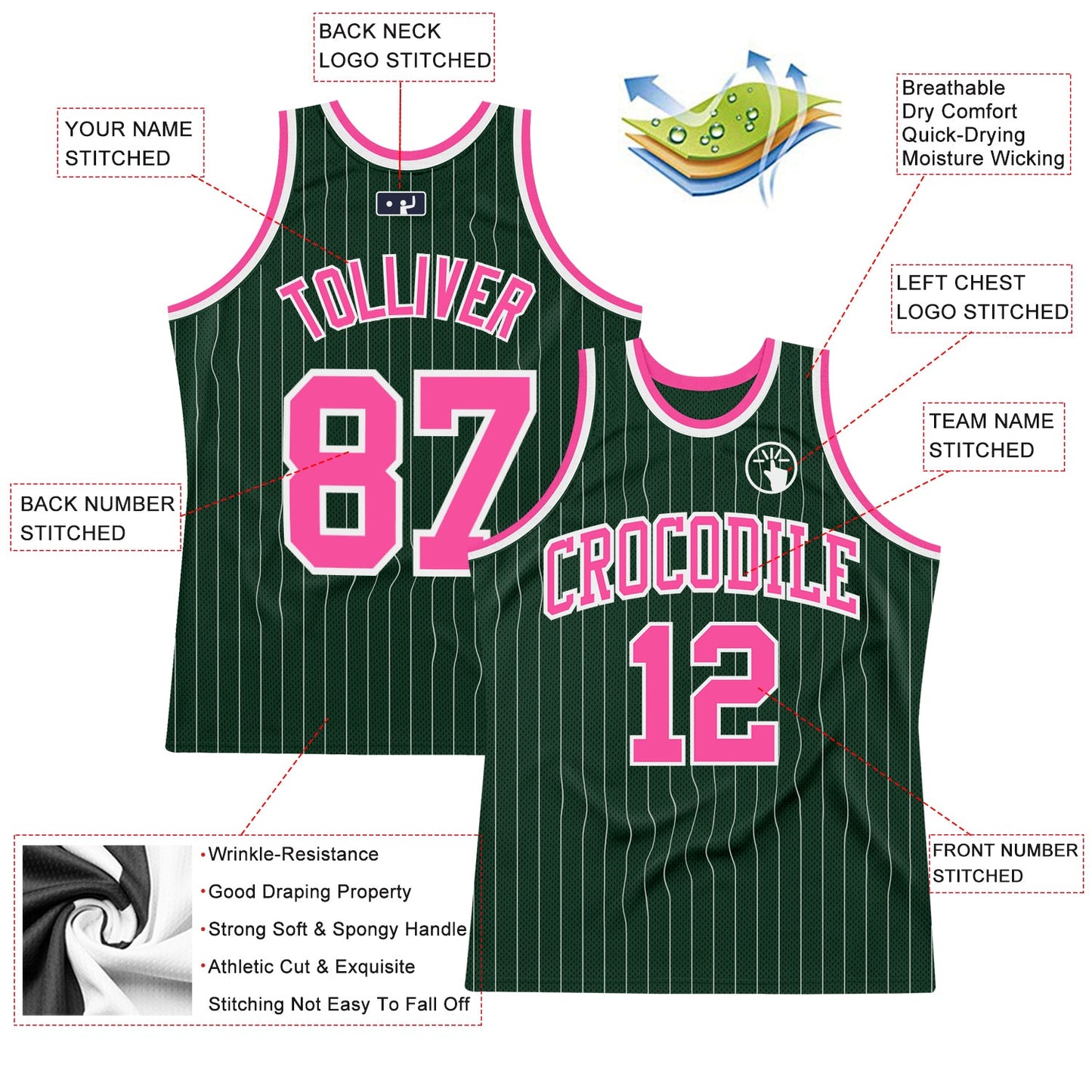 Custom Hunter Green White Pinstripe Pink Authentic Basketball Jersey view 2