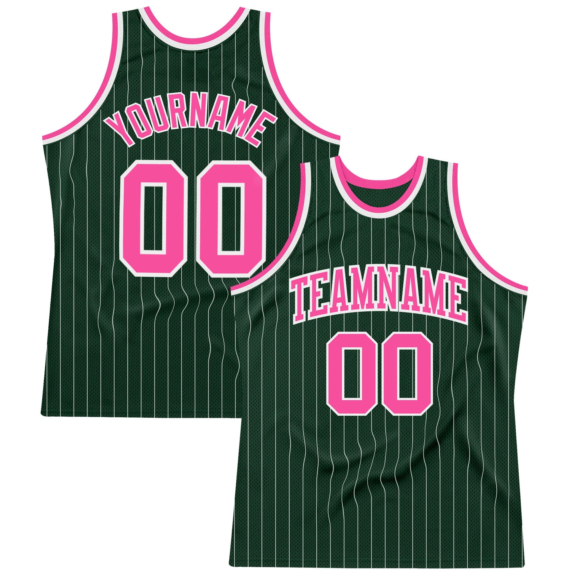 Custom Hunter Green White Pinstripe Pink Authentic Basketball Jersey - Main View