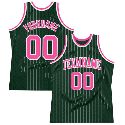 Custom Hunter Green White Pinstripe Pink Authentic Basketball Jersey - Main View