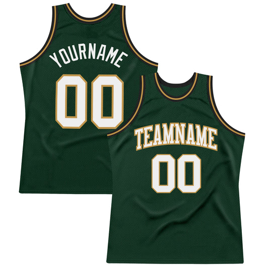 Custom Hunter Green White Old Gold-Black Authentic Throwback Basketball Jersey - Main View