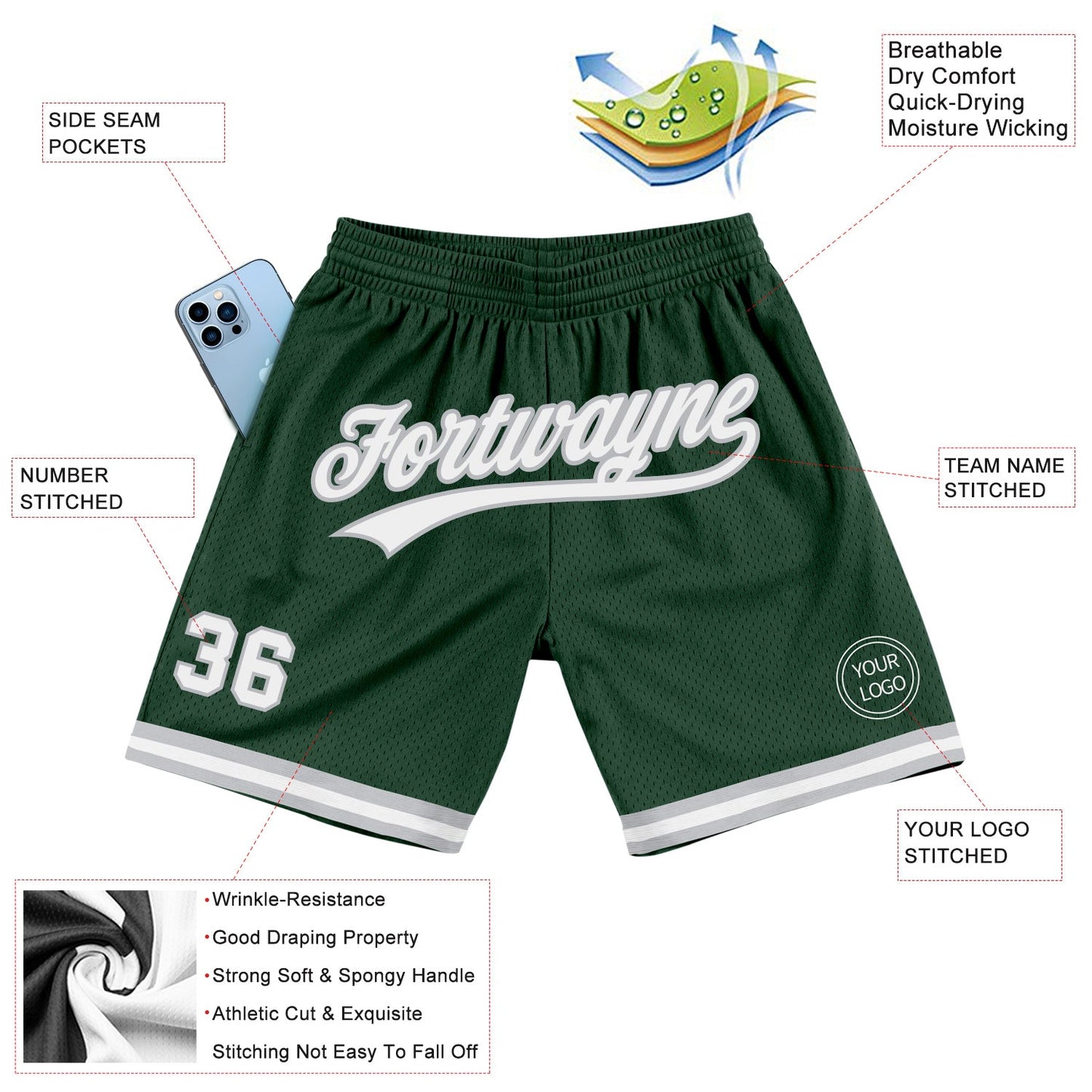 Custom Hunter Green White-Gray Authentic Throwback Basketball Shorts view 2