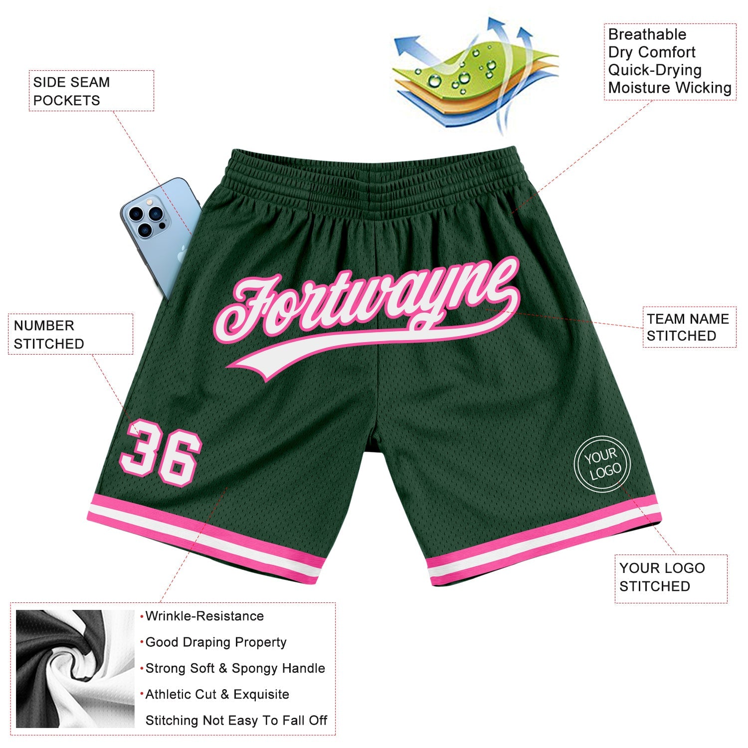 Custom Hunter Green White-Pink Authentic Throwback Basketball Shorts view 2