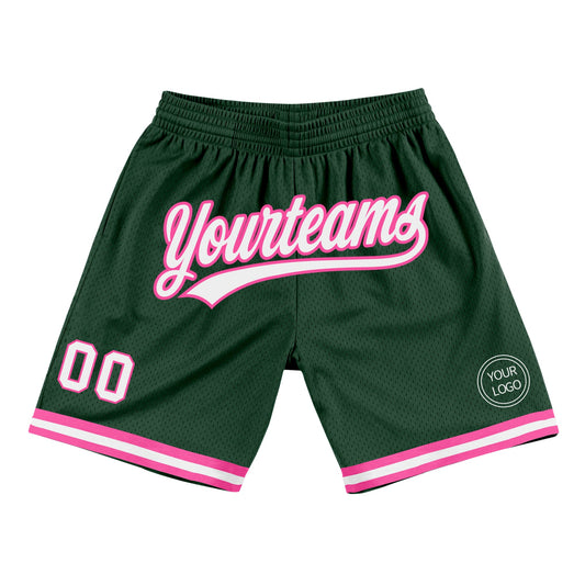 Custom Hunter Green White-Pink Authentic Throwback Basketball Shorts - Main View