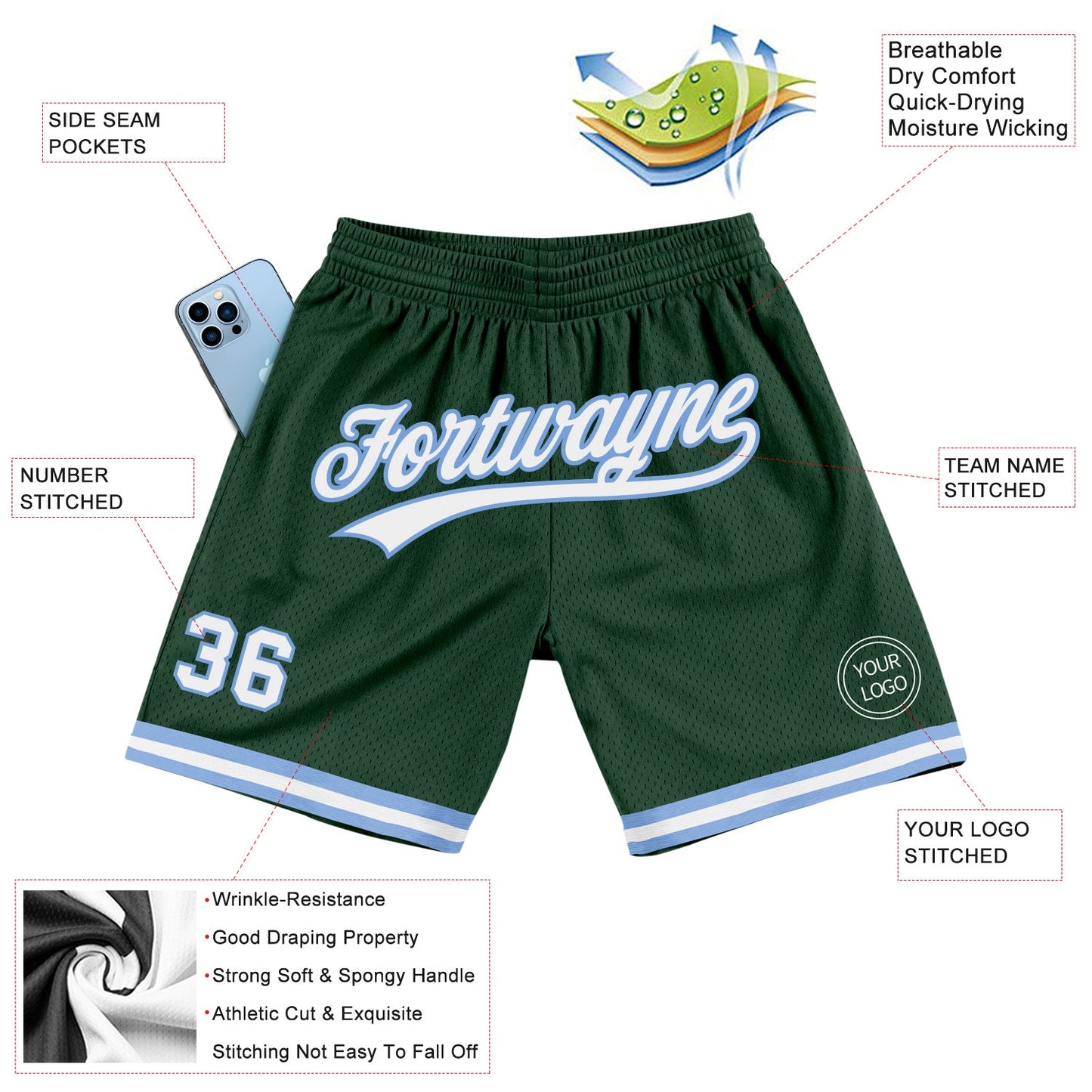 Custom Hunter Green White-Light Blue Authentic Throwback Basketball Shorts view 2
