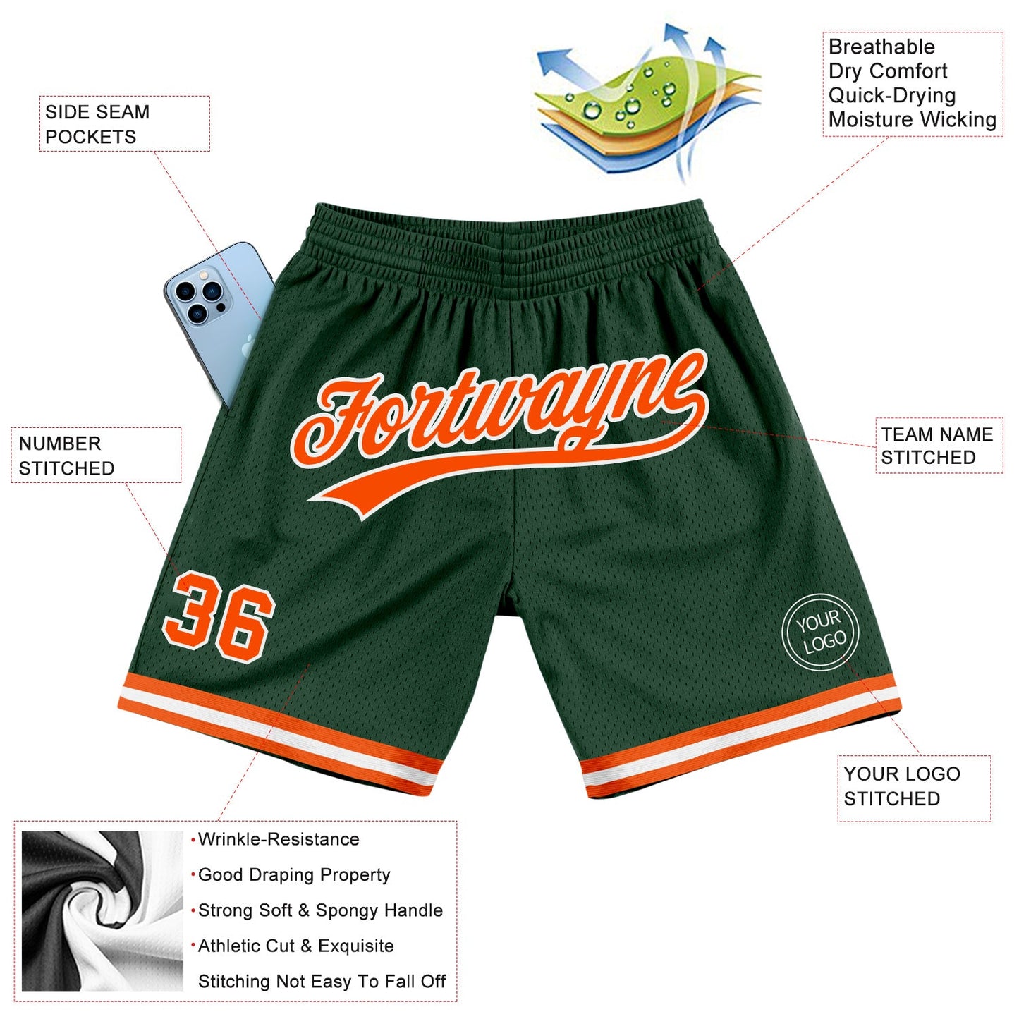 Custom Hunter Green Orange-White Authentic Throwback Basketball Shorts view 2