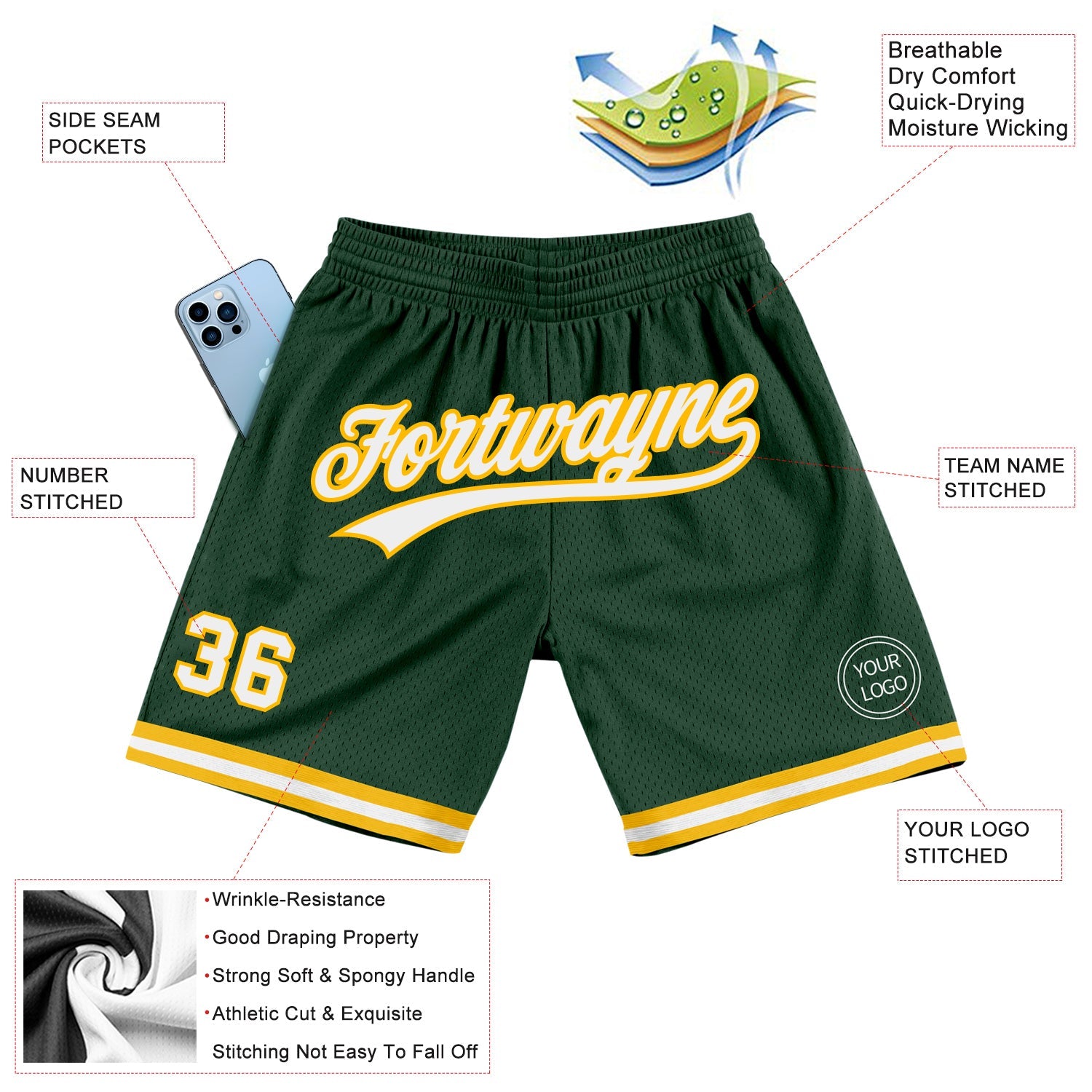 Custom Hunter Green White-Gold Authentic Throwback Basketball Shorts view 2
