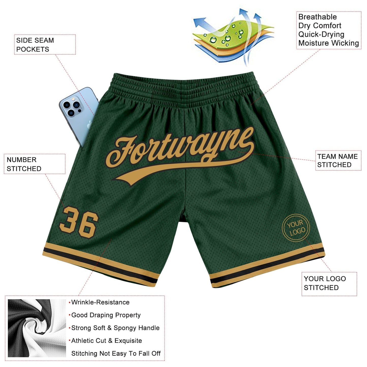 Custom Hunter Green Old Gold-Black Authentic Throwback Basketball Shorts view 2