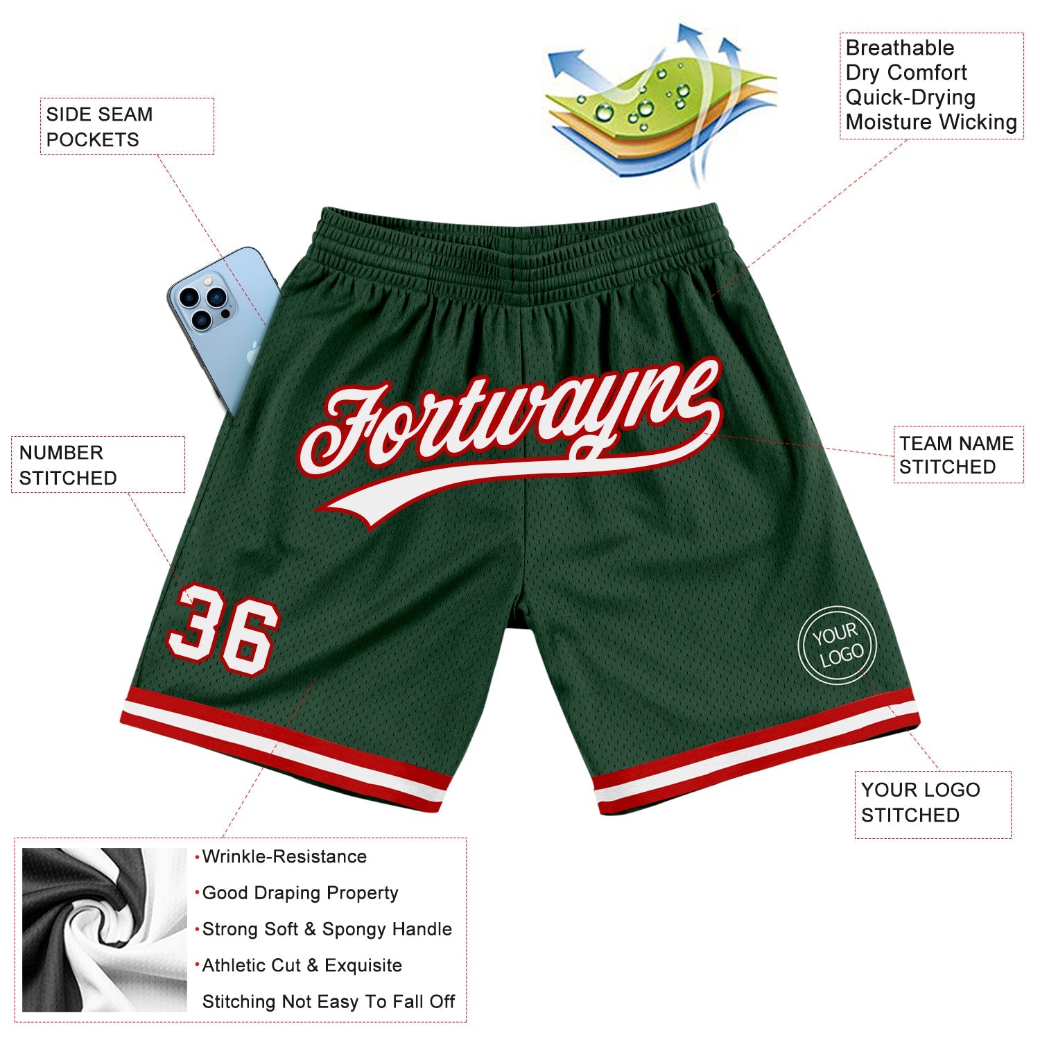 Custom Hunter Green White-Red Authentic Throwback Basketball Shorts view 2