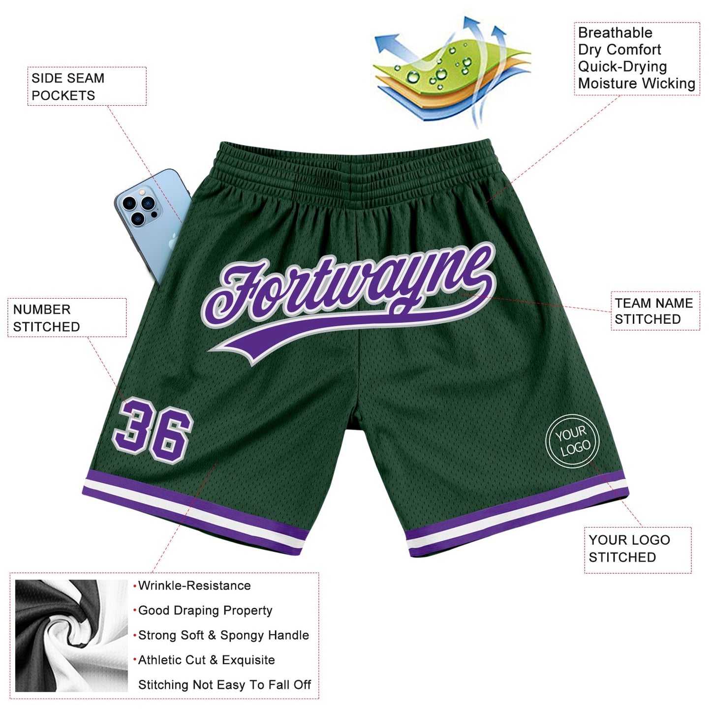 Custom Hunter Green Purple-Gray Authentic Throwback Basketball Shorts view 2