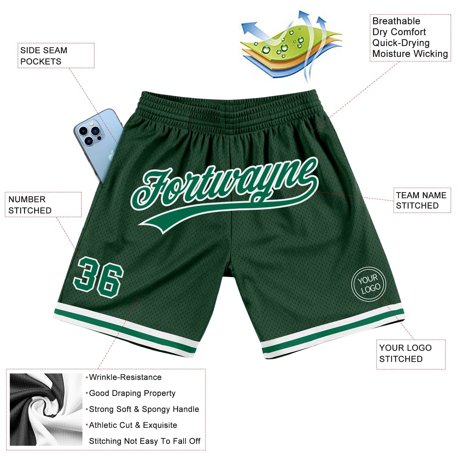 Custom Hunter Green Kelly Green-White Authentic Throwback Basketball Shorts view 2