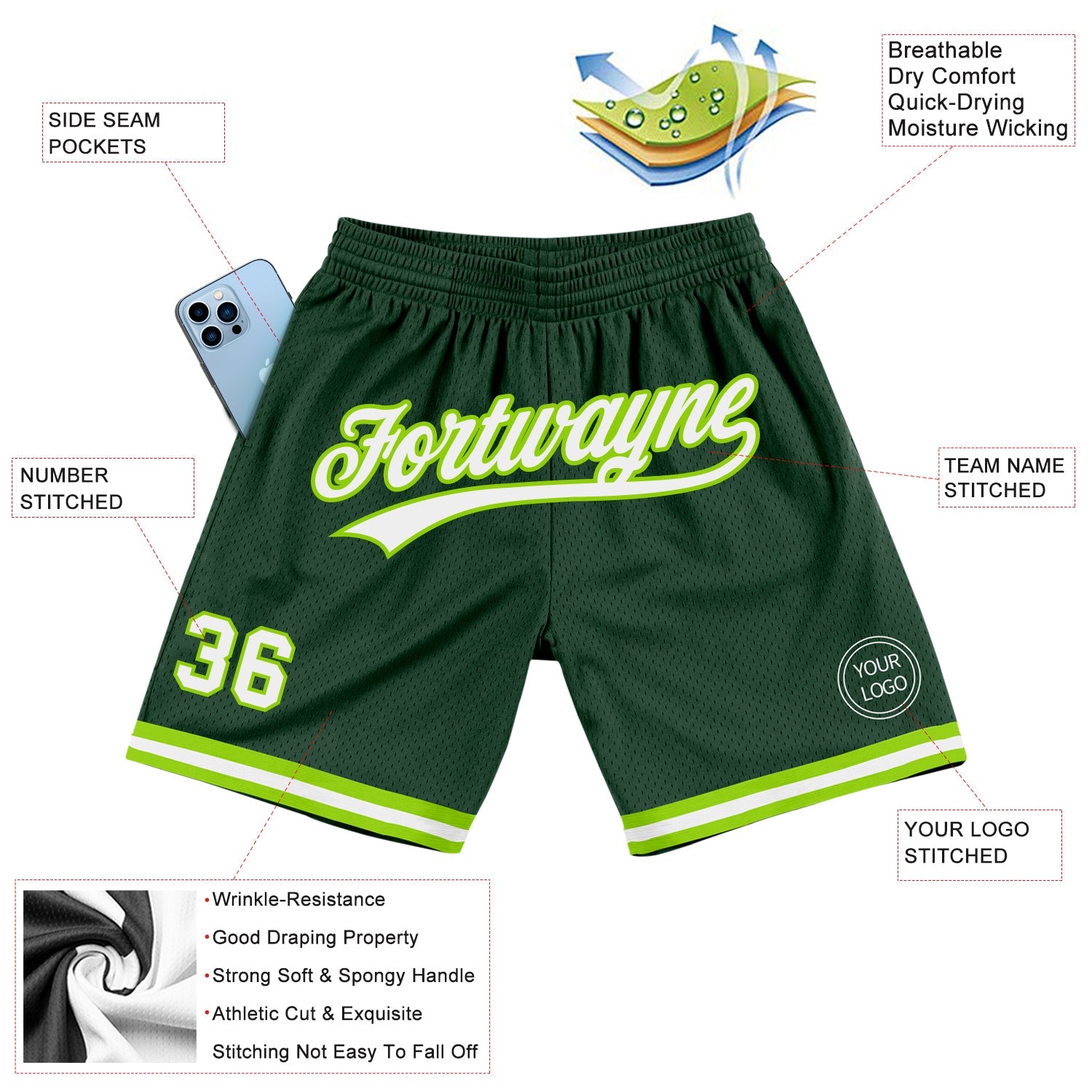 Custom Hunter Green White-Neon Green Authentic Throwback Basketball Shorts view 2