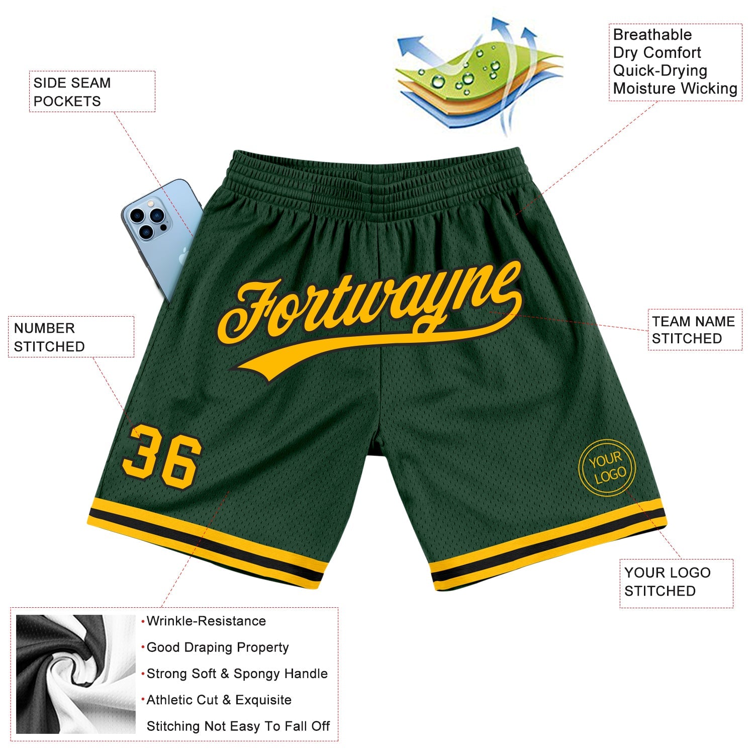 Custom Hunter Green Gold-Black Authentic Throwback Basketball Shorts view 2