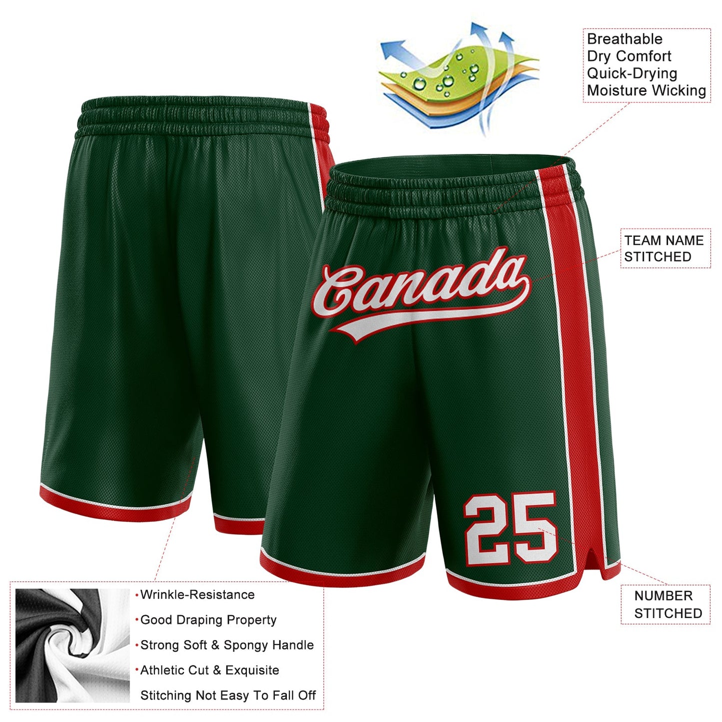 Custom Hunter Green White-Red Authentic Basketball Shorts view 2