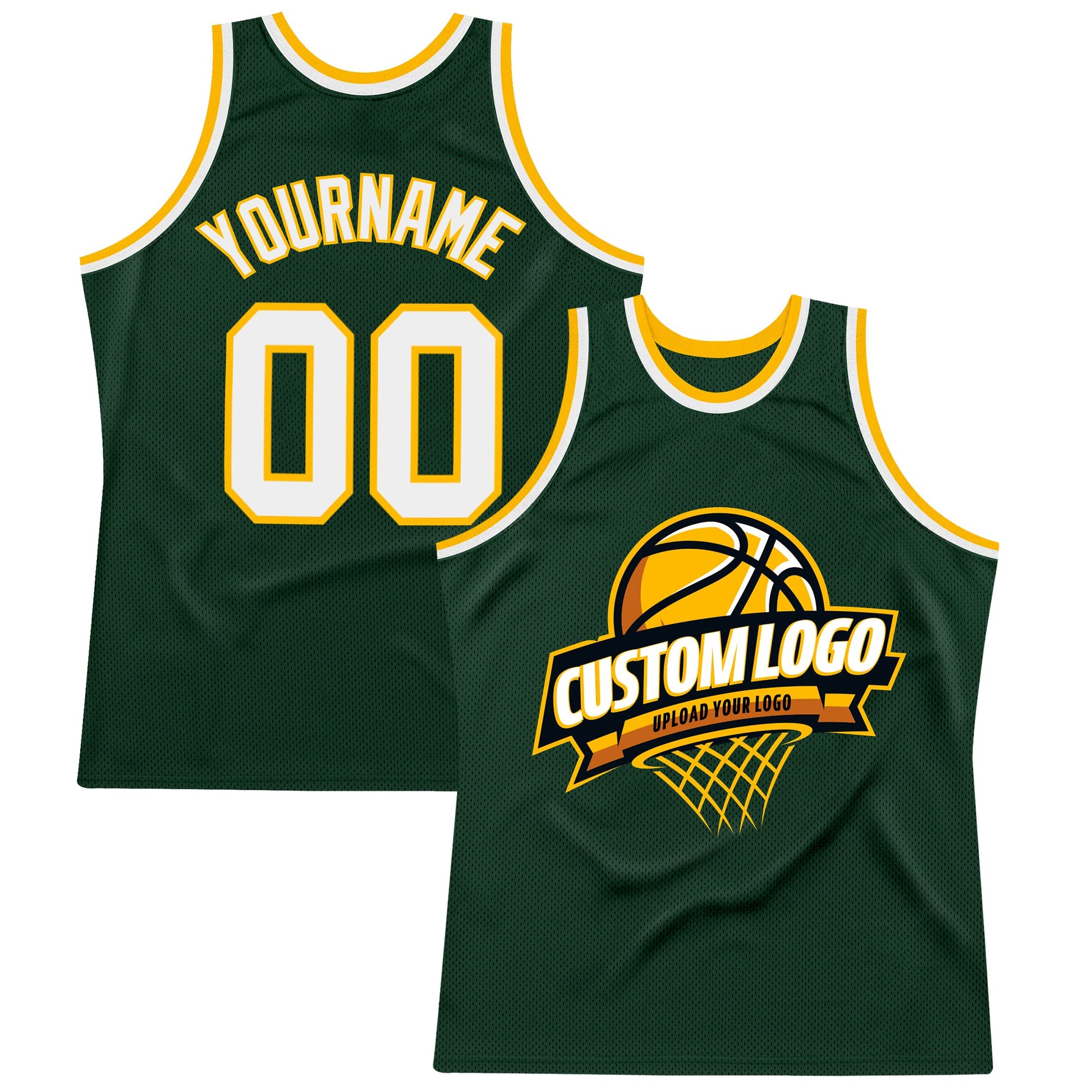 Custom Hunter Green White-Gold Authentic Throwback Basketball Jersey - Main View