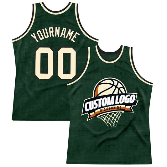 Custom Hunter Green Cream-Black Authentic Throwback Basketball Jersey - Main View