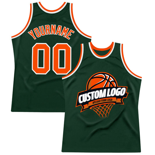 Custom Hunter Green Orange-White Authentic Throwback Basketball Jersey - Main View