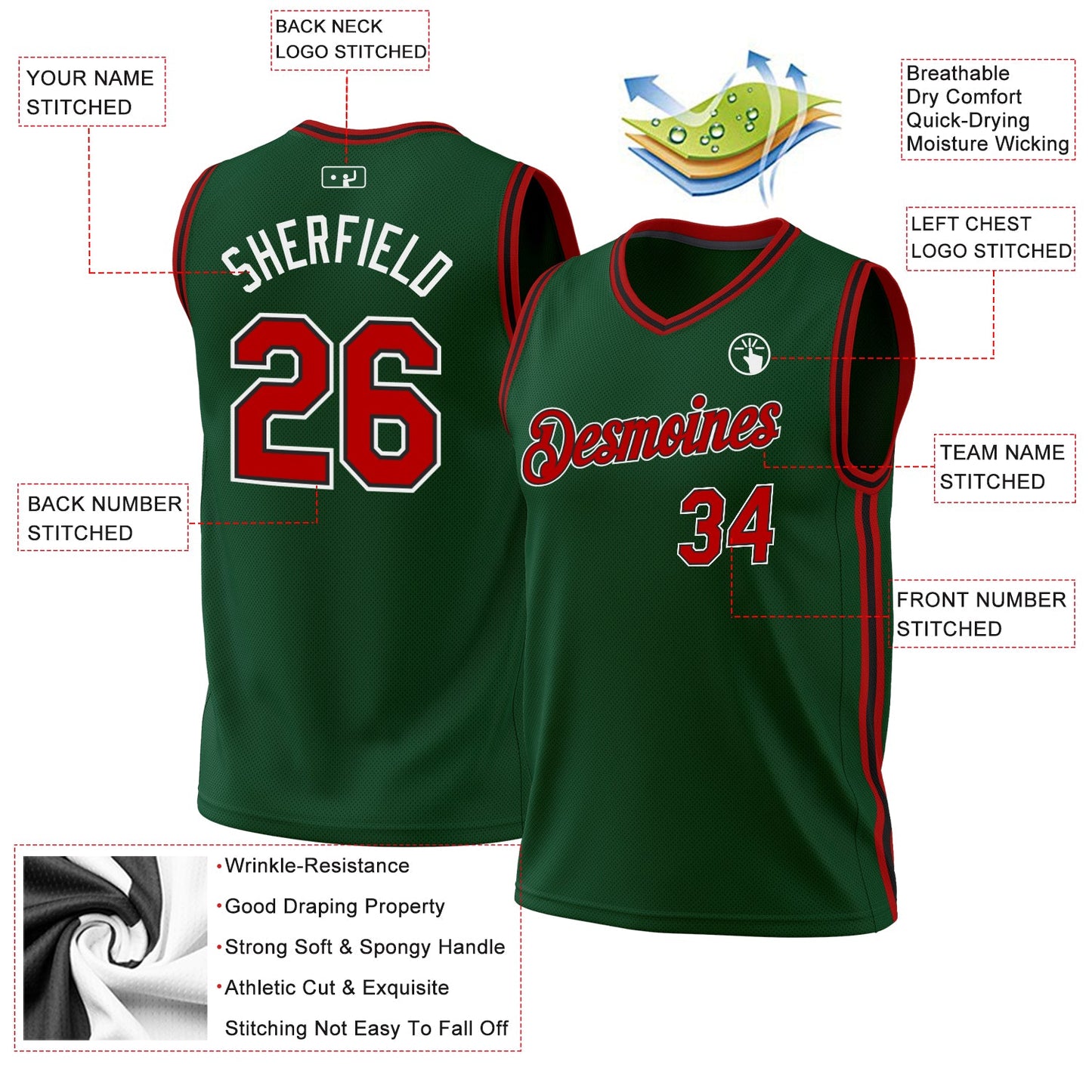 Custom Hunter Green Red-Black Authentic Throwback Basketball Jersey view 3