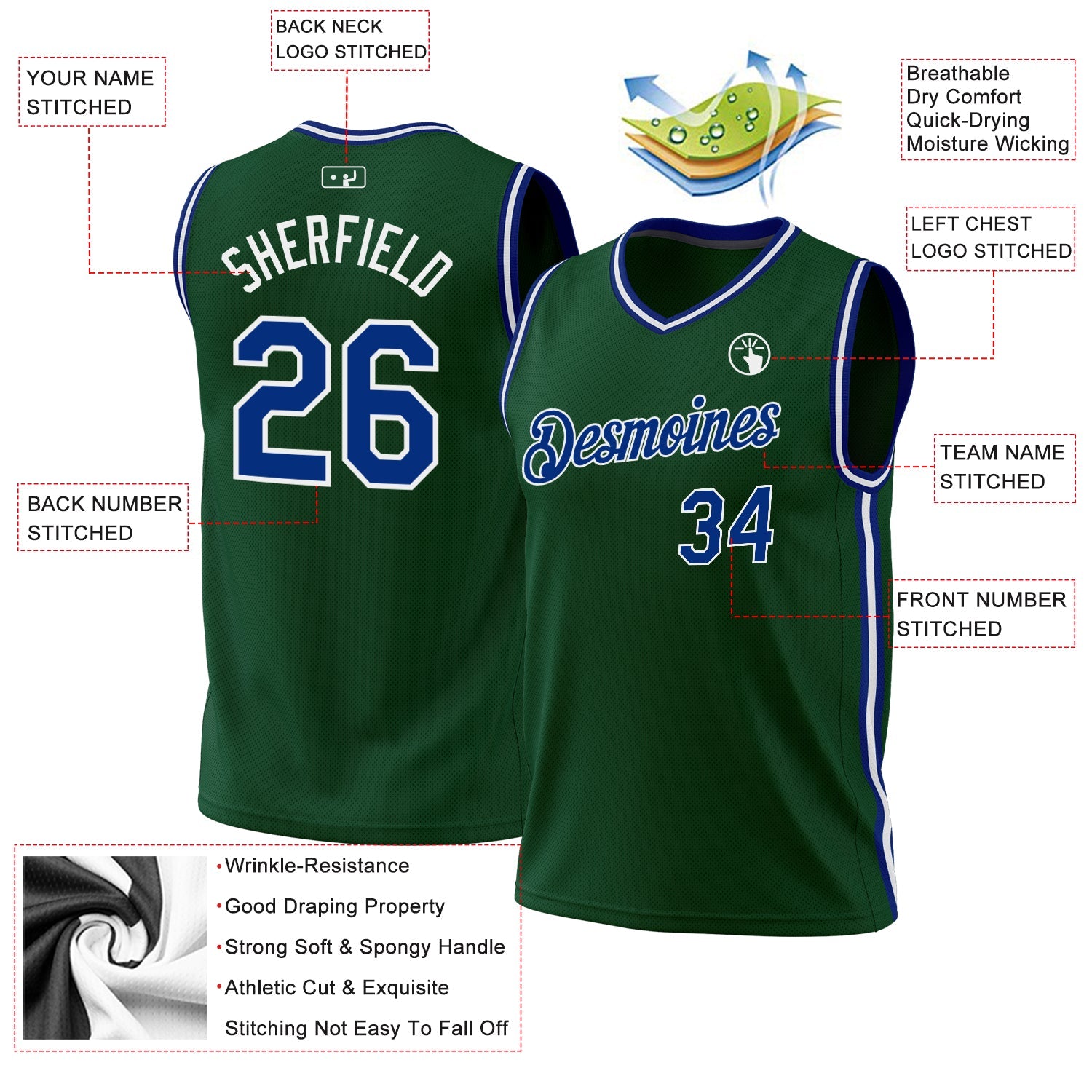 Custom Hunter Green Royal-White Authentic Throwback Basketball Jersey view 3