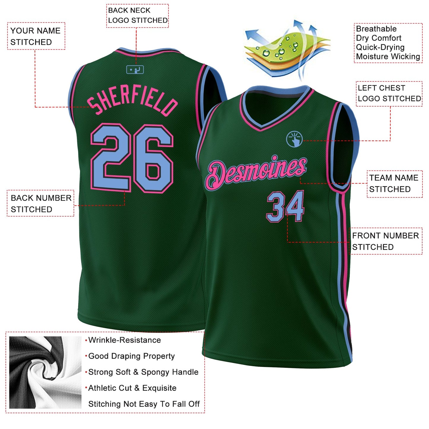 Custom Hunter Green Light Blue Black-Pink Authentic Throwback Basketball Jersey view 3