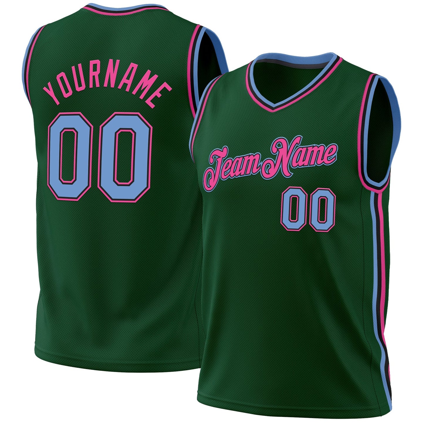 Custom Hunter Green Light Blue Black-Pink Authentic Throwback Basketball Jersey - Main View