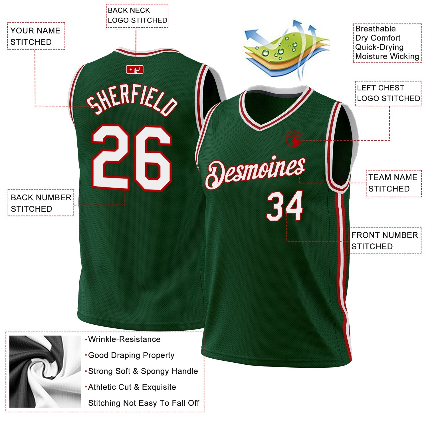Custom Hunter Green White-Red Authentic Throwback Basketball Jersey view 3