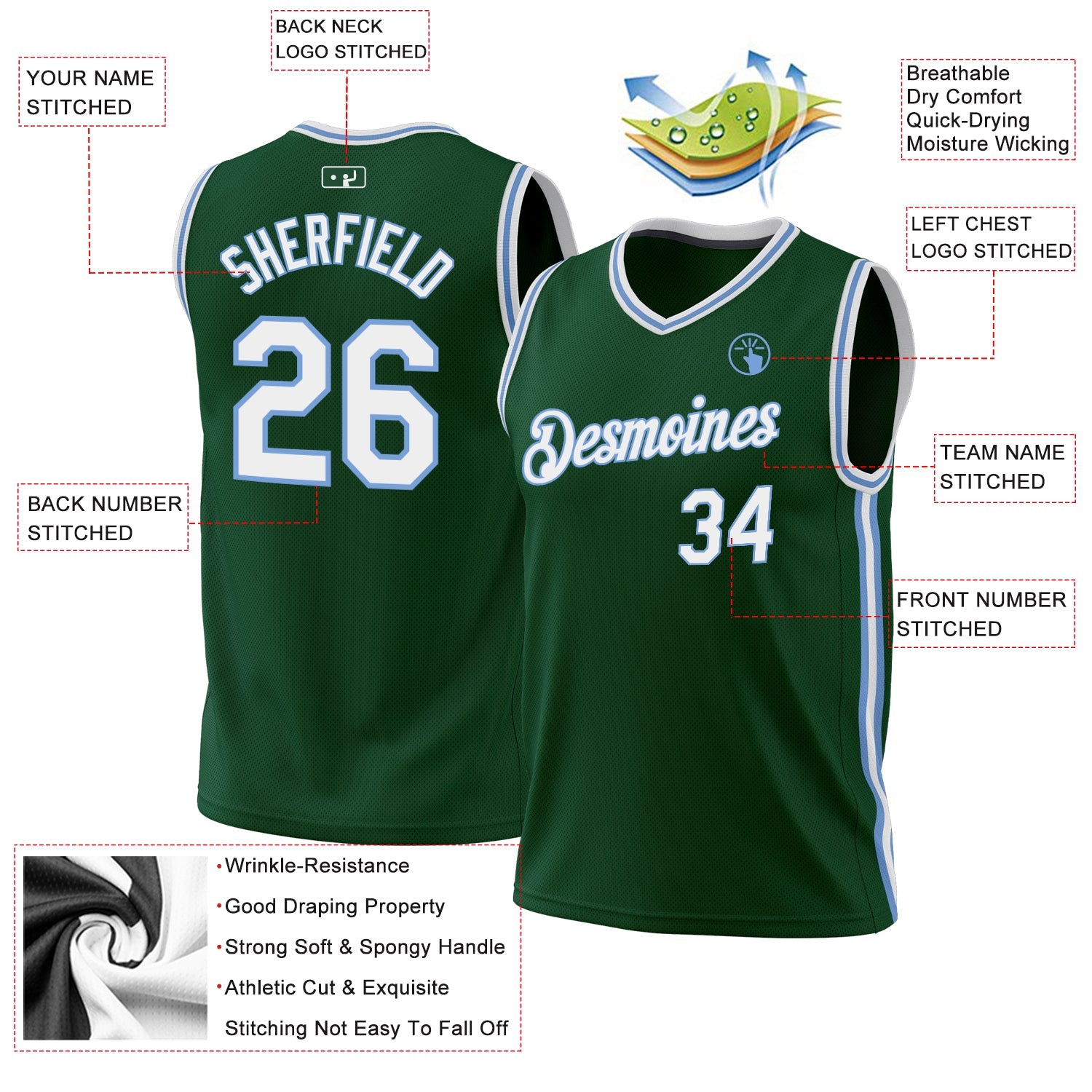 Custom Hunter Green White-Light Blue Authentic Throwback Basketball Jersey view 3