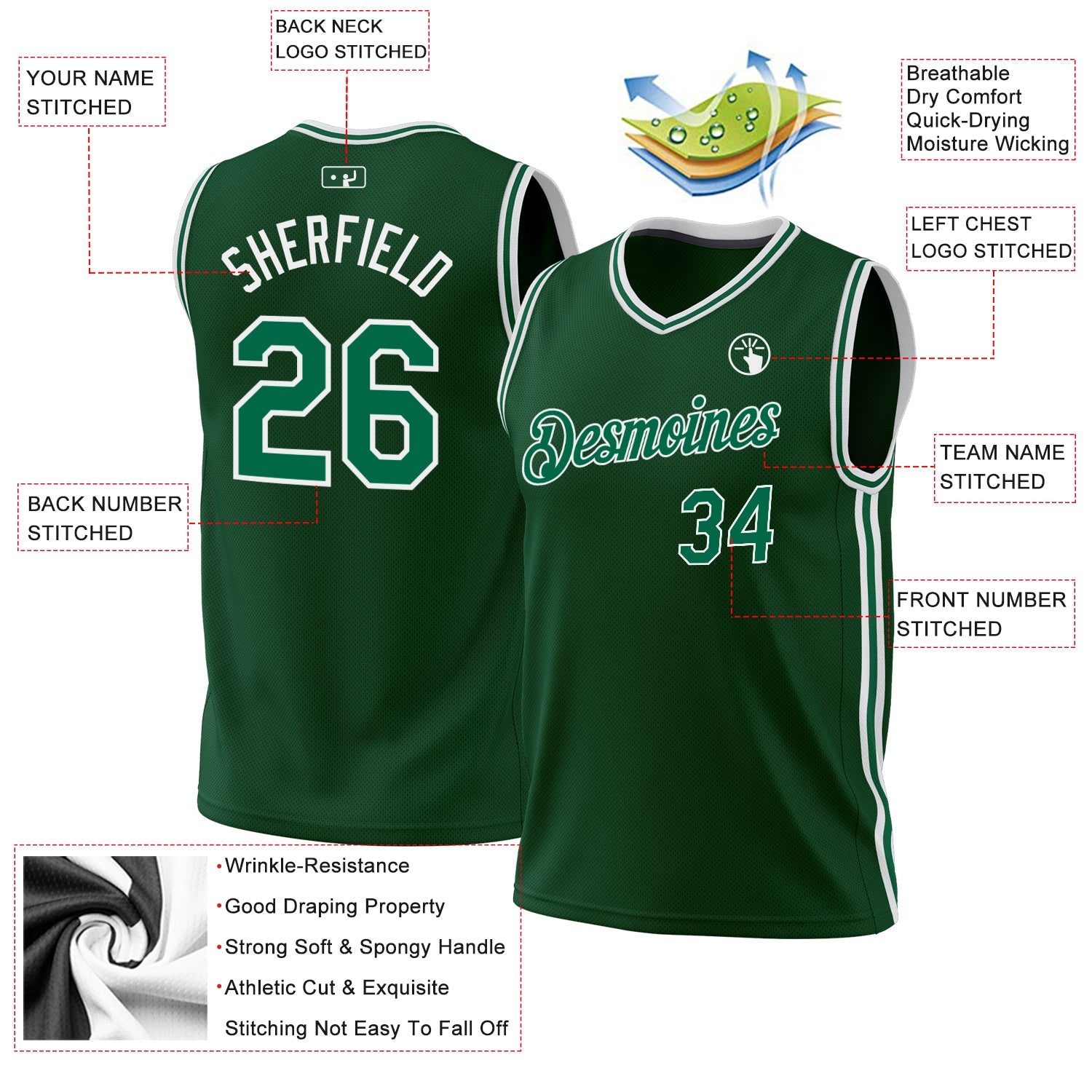 Custom Hunter Green Kelly Green-White Authentic Throwback Basketball Jersey view 3
