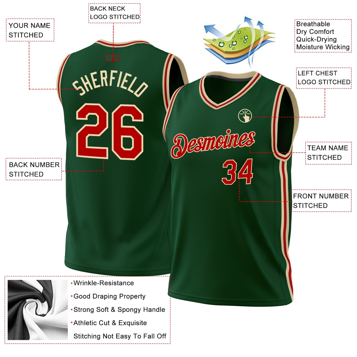 Custom Hunter Green Red-Cream Authentic Throwback Basketball Jersey view 3