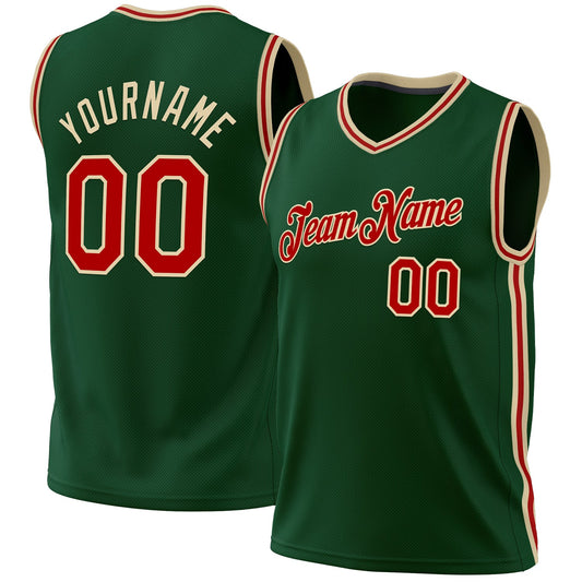Custom Hunter Green Red-Cream Authentic Throwback Basketball Jersey - Main View