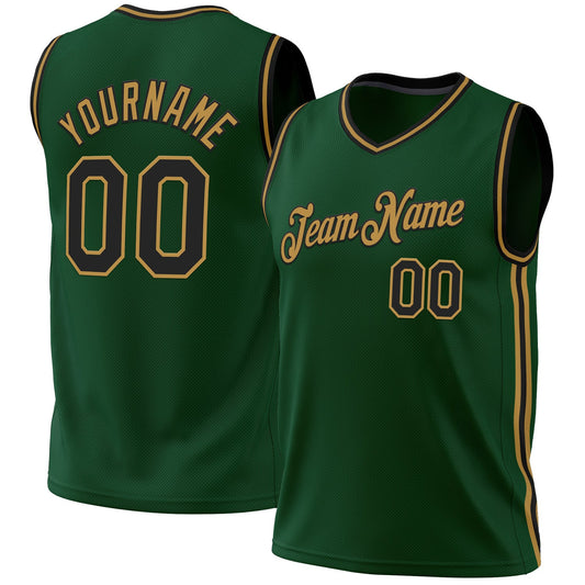 Custom Hunter Green Black-Old Gold Authentic Throwback Basketball Jersey - Main View