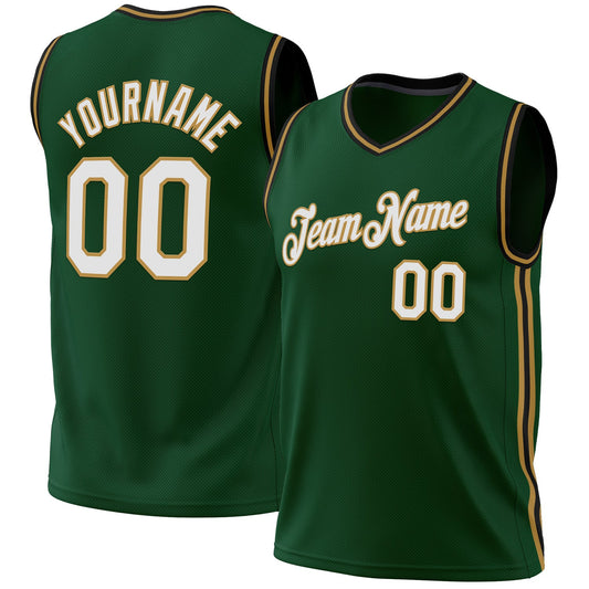 Custom Hunter Green Black-Old Gold Authentic Throwback Basketball Jersey - Main View