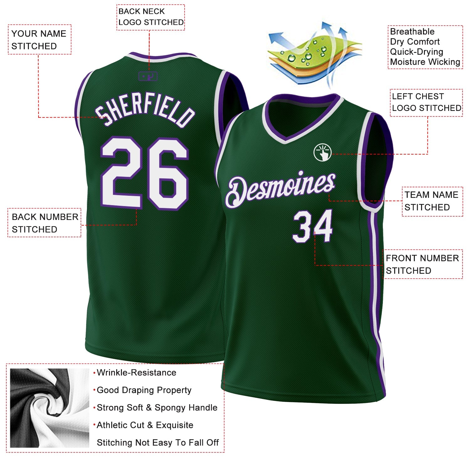 Custom Hunter Green White-Purple Authentic Throwback Basketball Jersey view 3