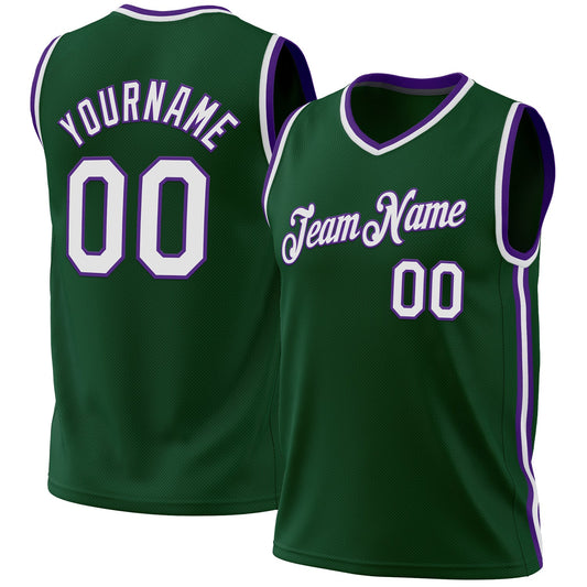 Custom Hunter Green White-Purple Authentic Throwback Basketball Jersey - Main View