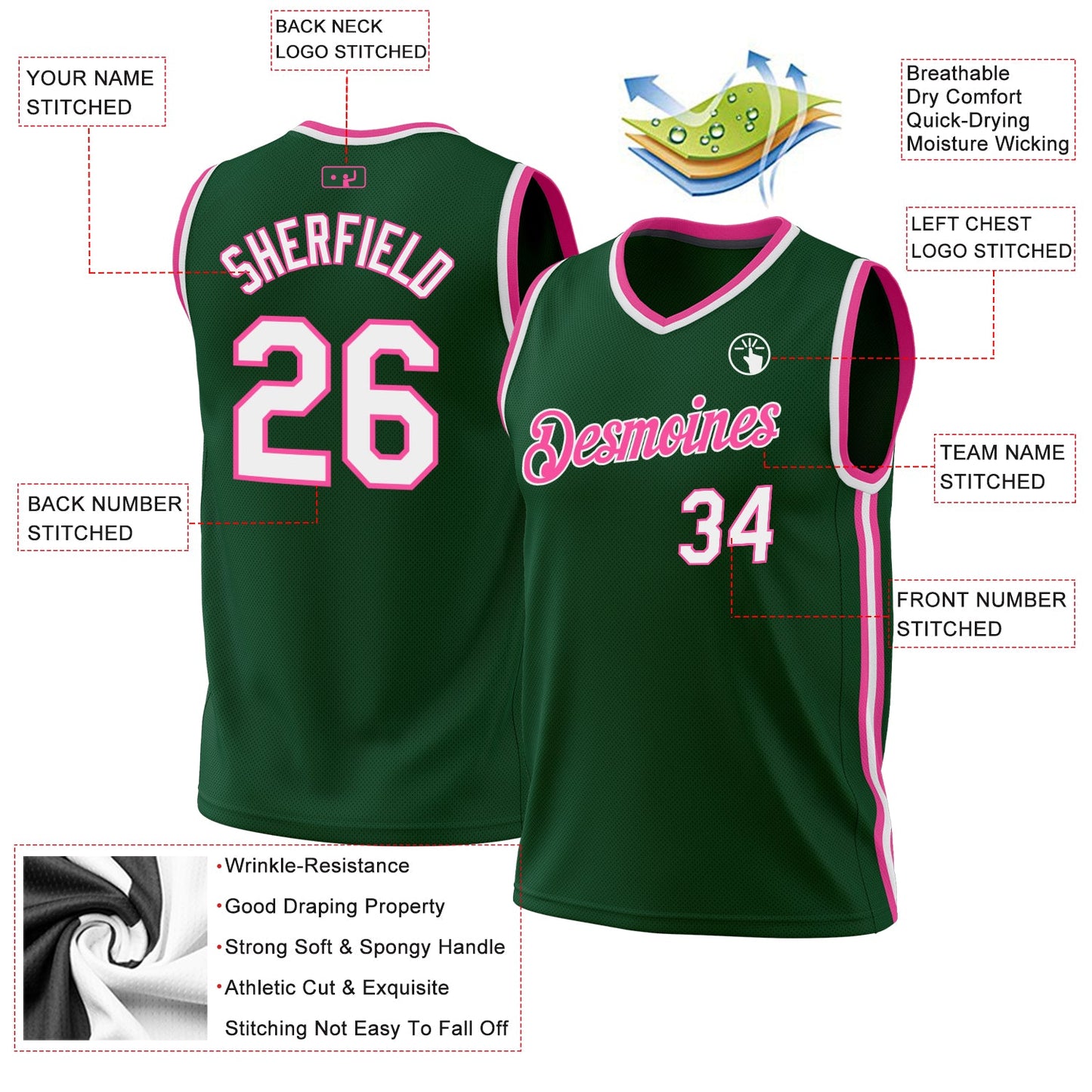 Custom Hunter Green White-Pink Authentic Throwback Basketball Jersey view 3