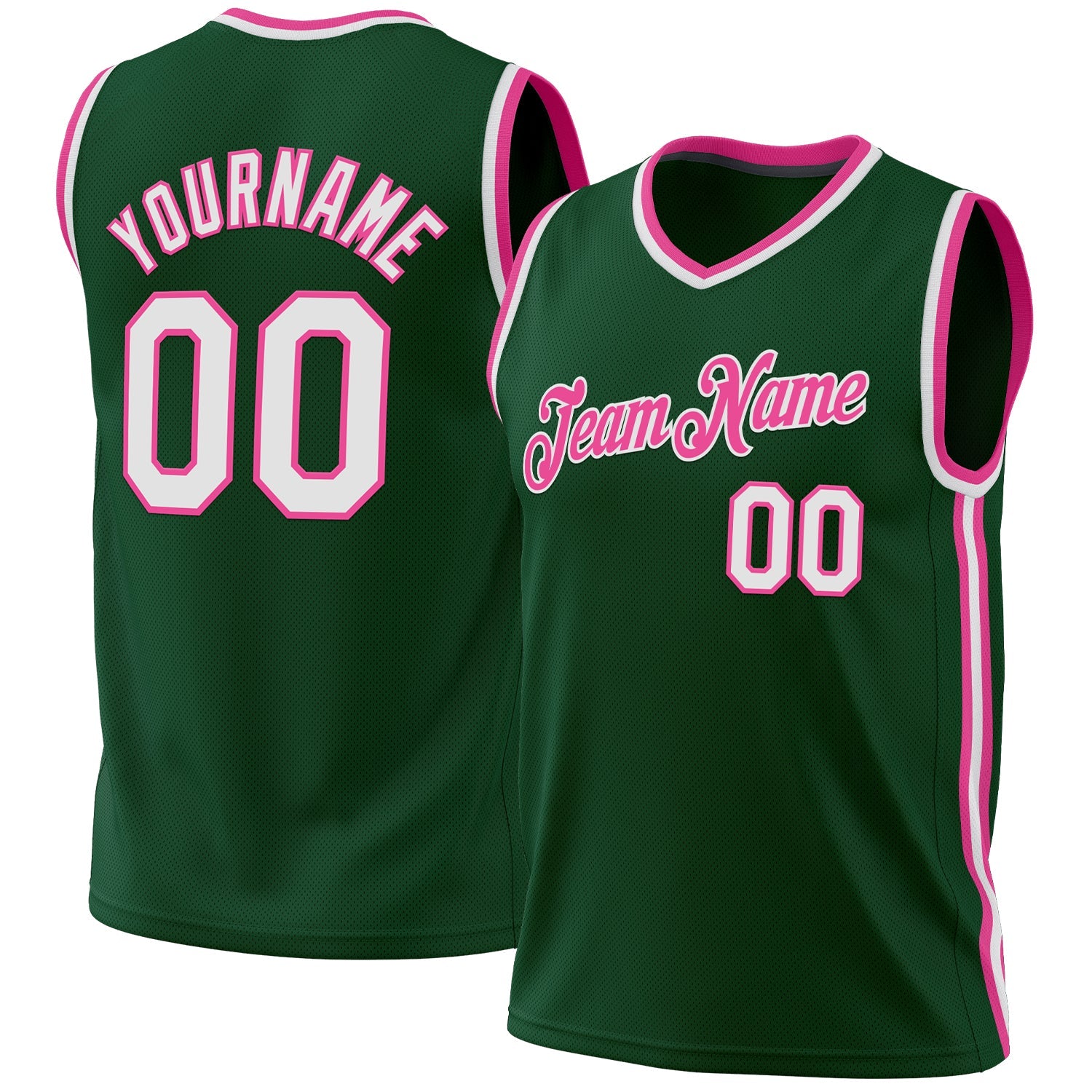 Custom Hunter Green White-Pink Authentic Throwback Basketball Jersey - Main View