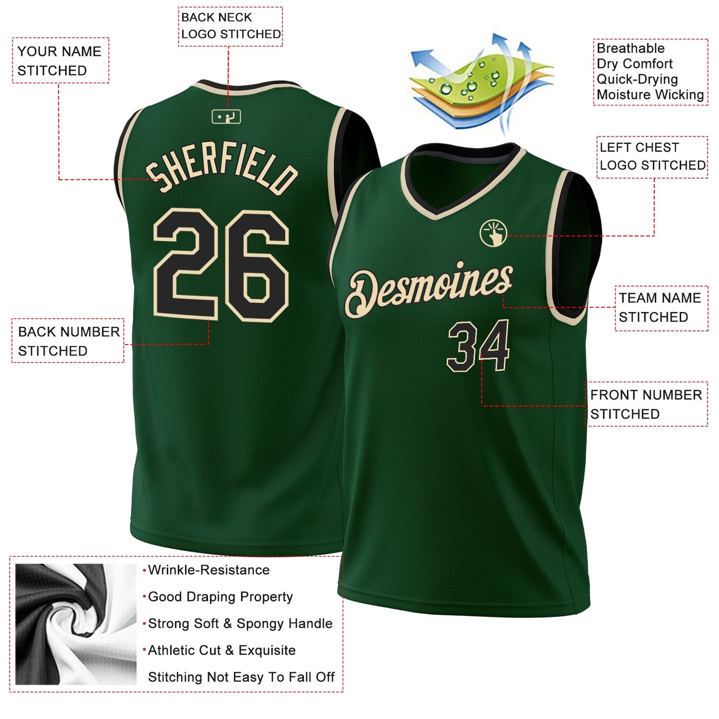 Custom Hunter Green Black-Cream Authentic Throwback Basketball Jersey view 3