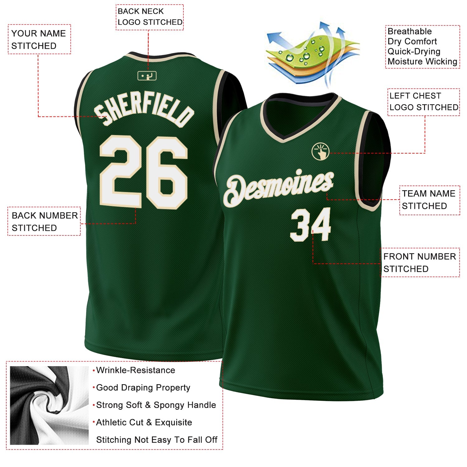 Custom Hunter Green White Cream-Black Authentic Throwback Basketball Jersey view 3