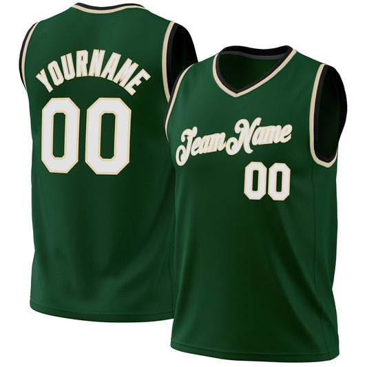 Custom Hunter Green White Cream-Black Authentic Throwback Basketball Jersey - Main View