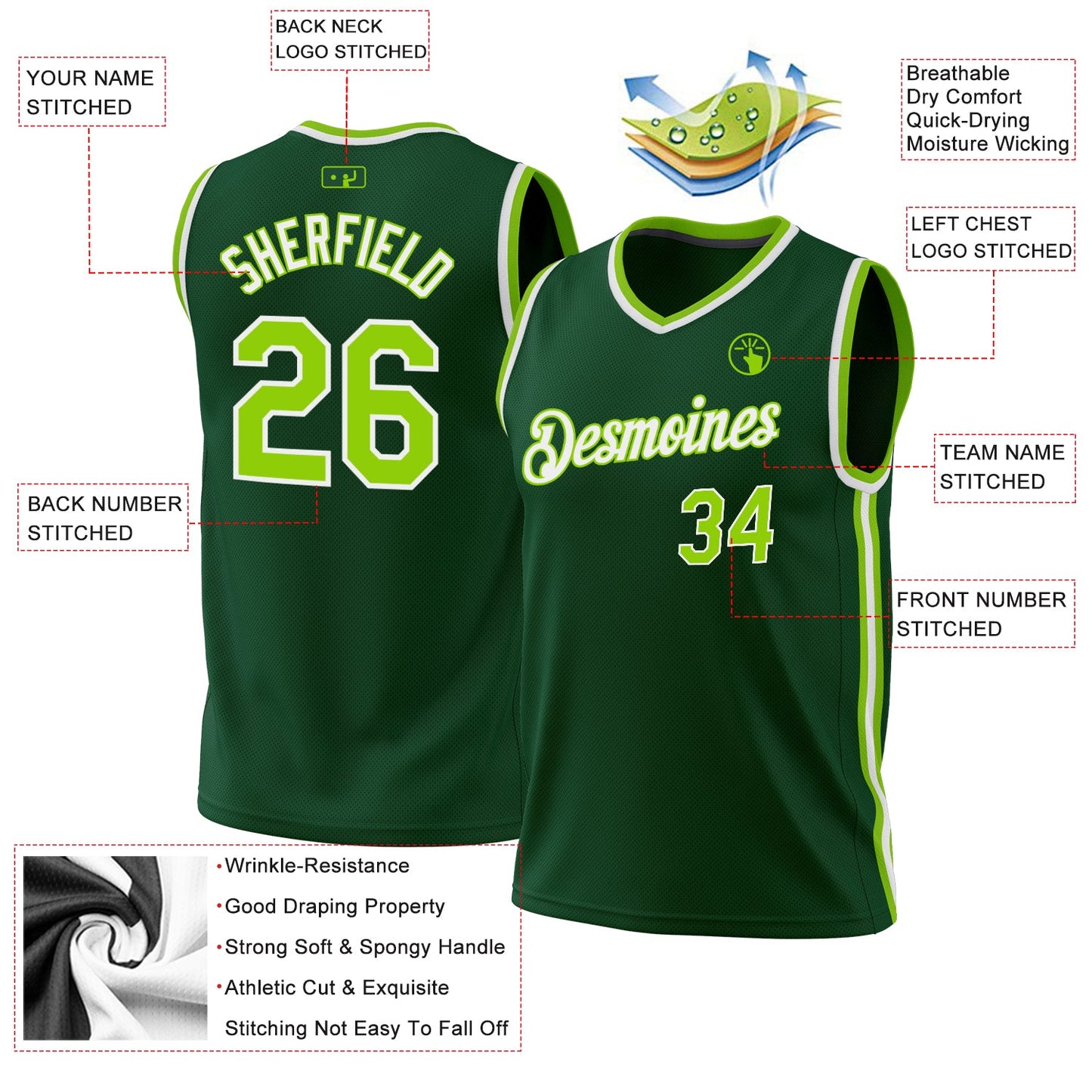 Custom Hunter Green Neon Green-White Authentic Throwback Basketball Jersey view 3