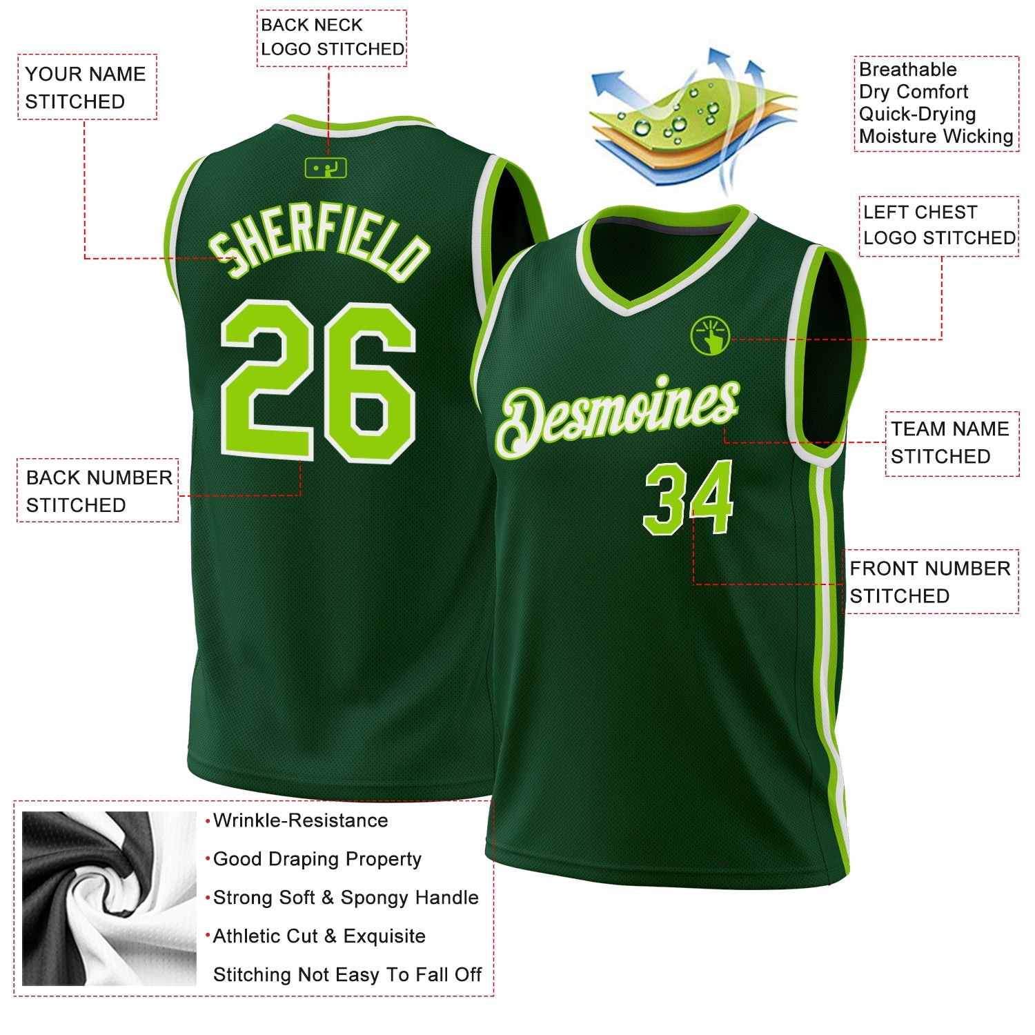 Custom Hunter Green Neon Green-White Authentic Throwback Basketball Jersey view 3