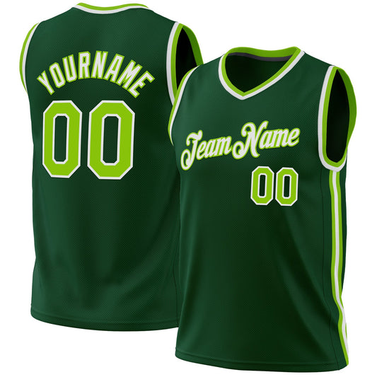 Custom Hunter Green Neon Green-White Authentic Throwback Basketball Jersey - Main View