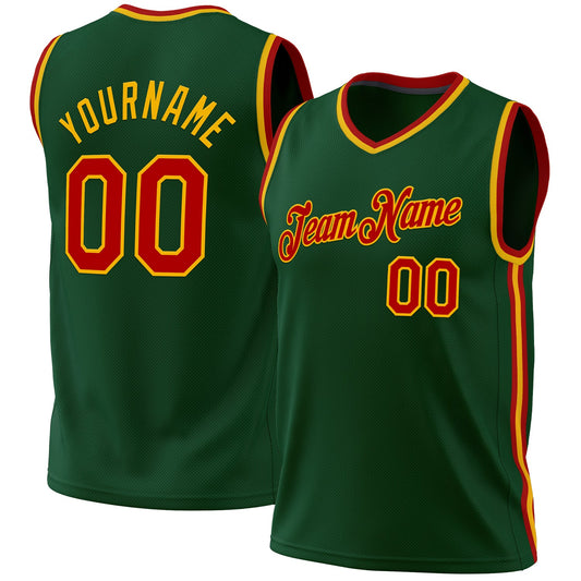Custom Hunter Green Red-Gold Authentic Throwback Basketball Jersey - Main View
