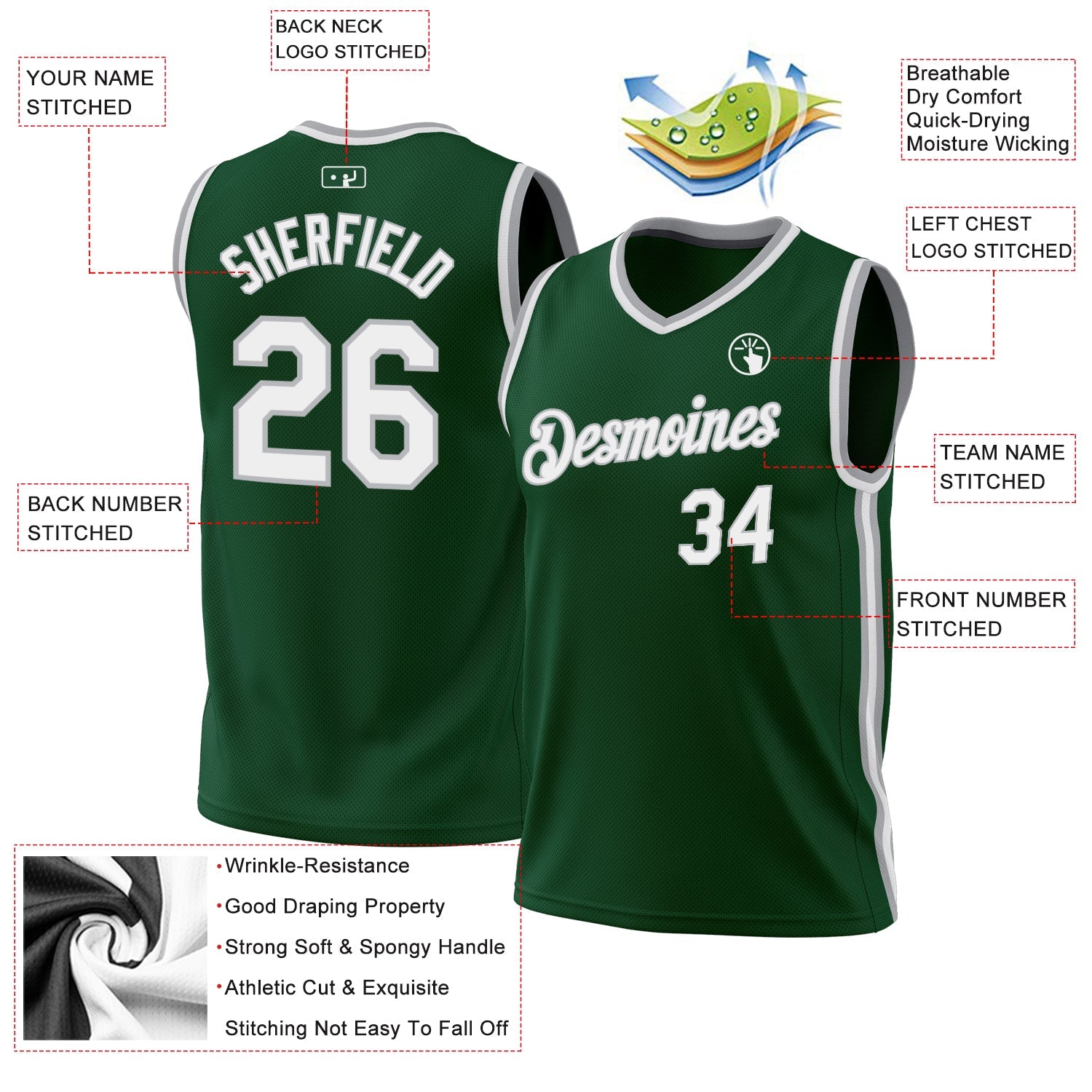 Custom Hunter Green White-Gray Authentic Throwback Basketball Jersey view 3