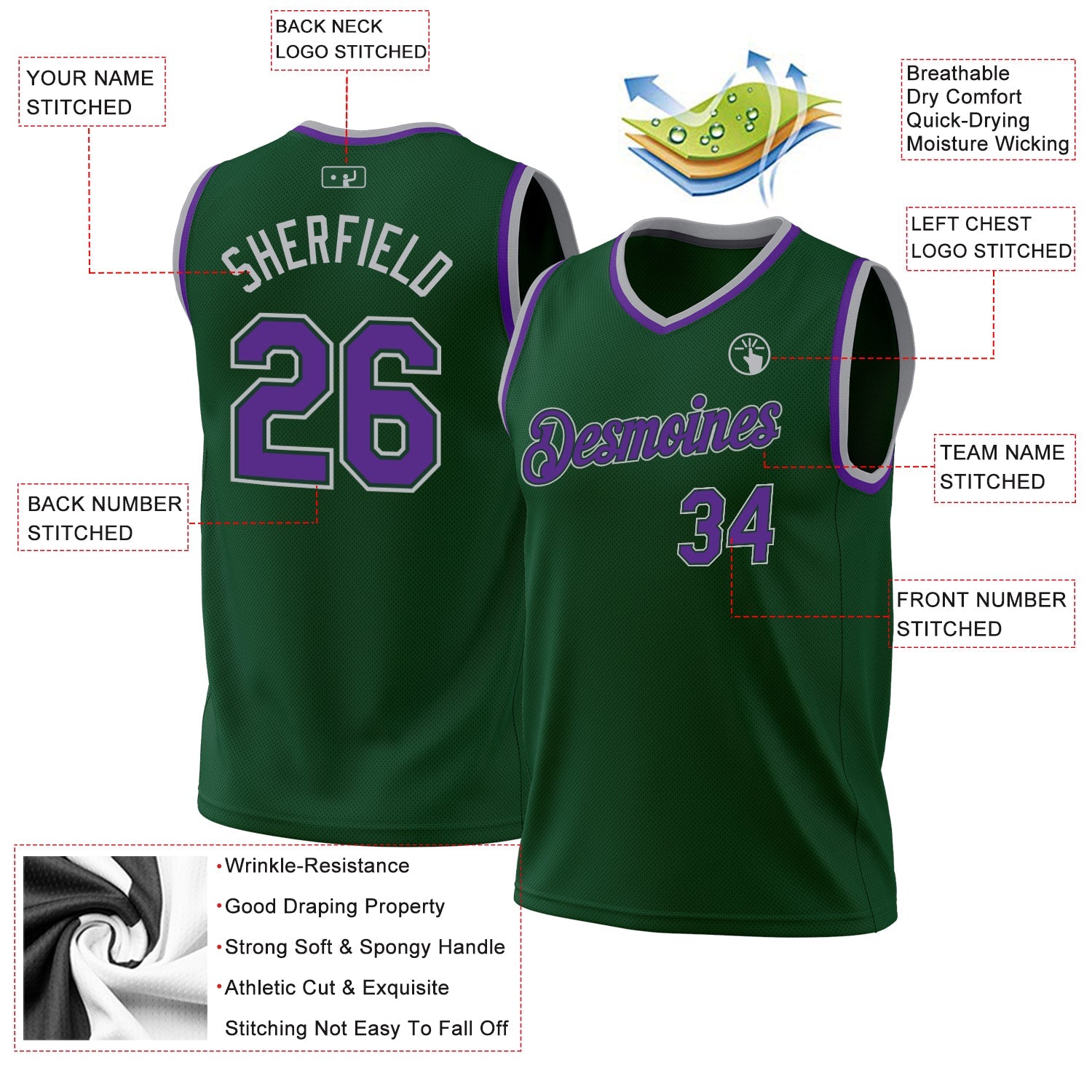 Custom Hunter Green Purple Green-Gray Authentic Throwback Basketball Jersey view 3
