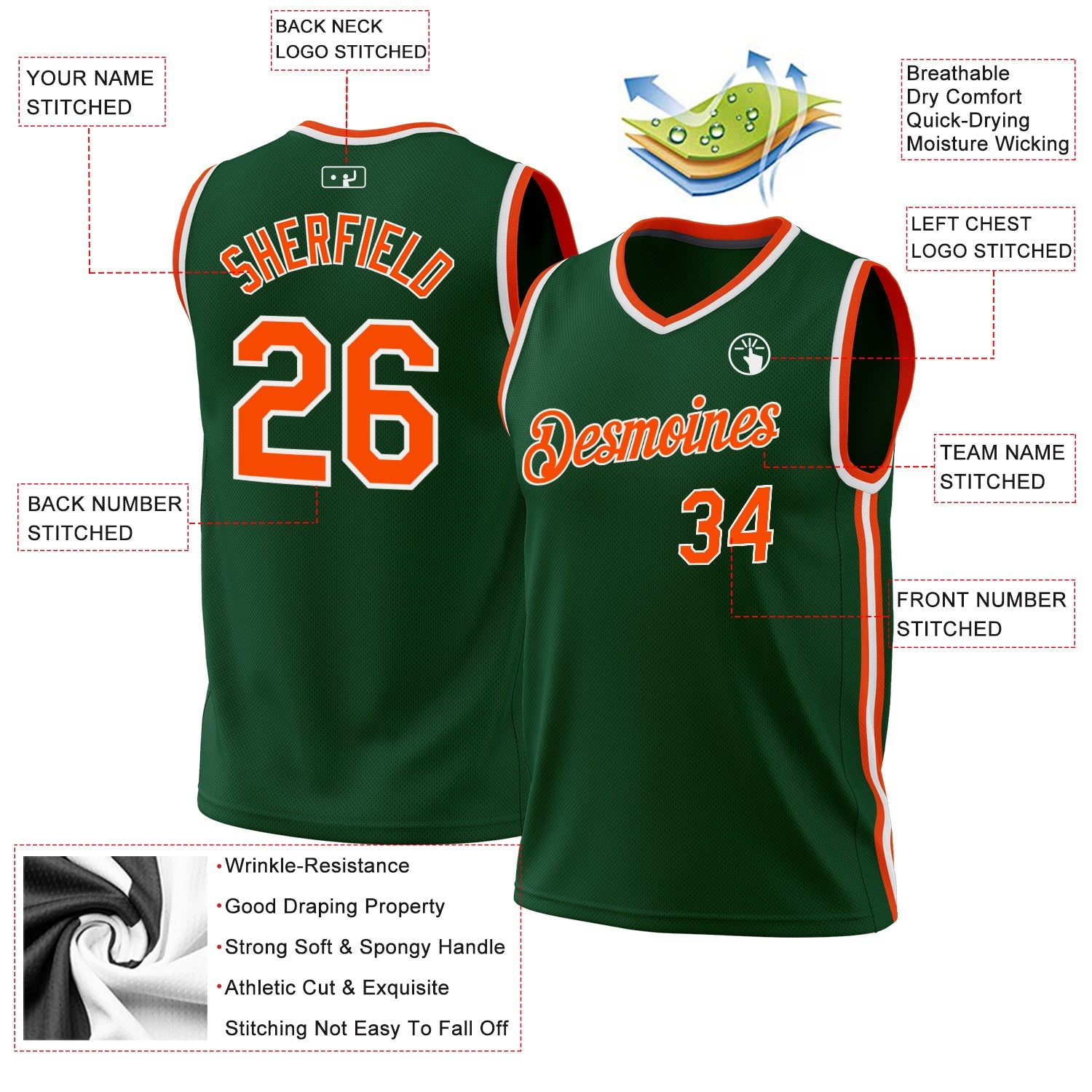 Custom Hunter Green Orange-White Authentic Throwback Basketball Jersey view 3